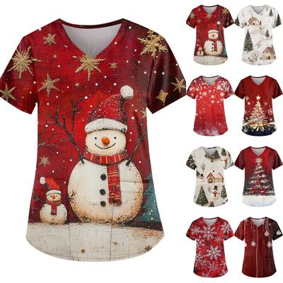 Women's Fashion V-Neck Short Sleeve Workwear With Pocket Christmas Printed Top