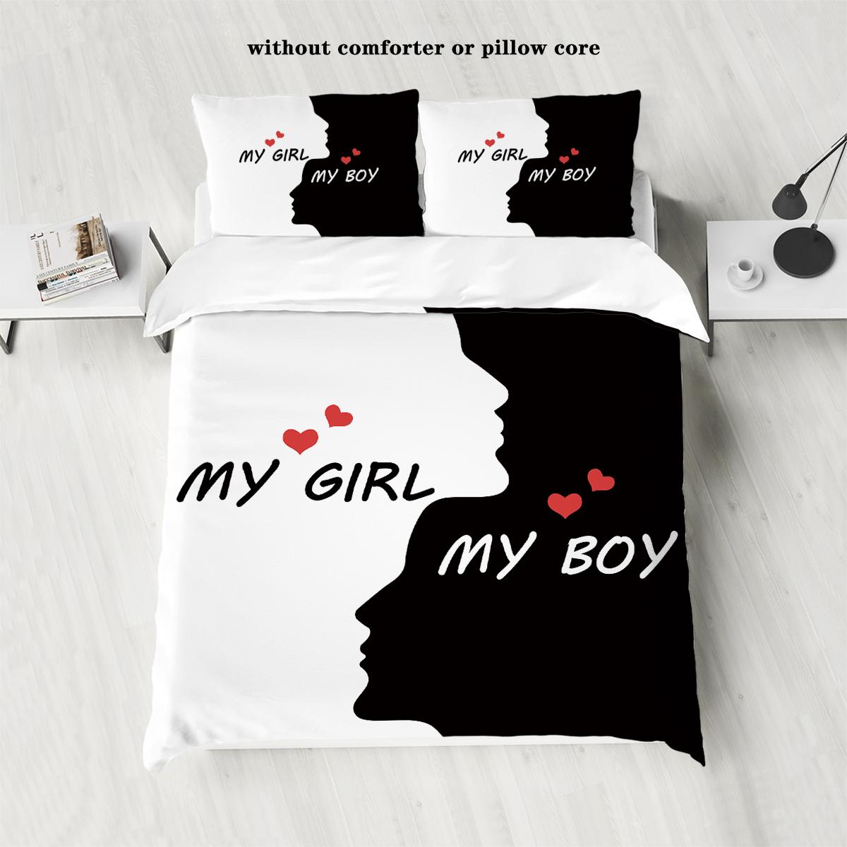 

3-piece down duvet cover set in black and white color with beard and lip print for couples (1 duvet cover+2 pillowcases, no core 135x200cm-EU-Single