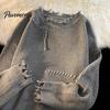 Hip HopSweater Men Fall Winter Sweater Ripped Tassel Solid Color Fringe Round Neck Long Sleeve Knitted Mid Length Loose Soft Warm Pullover Women