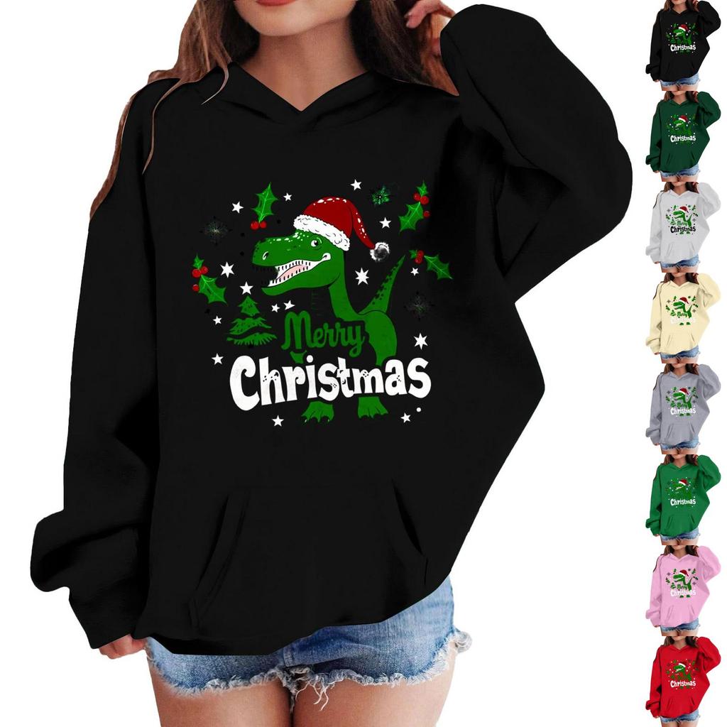 Girls Long Sleeve Christmas Print Hooded Sweatshirt Casual Comfortable Top for Holiday