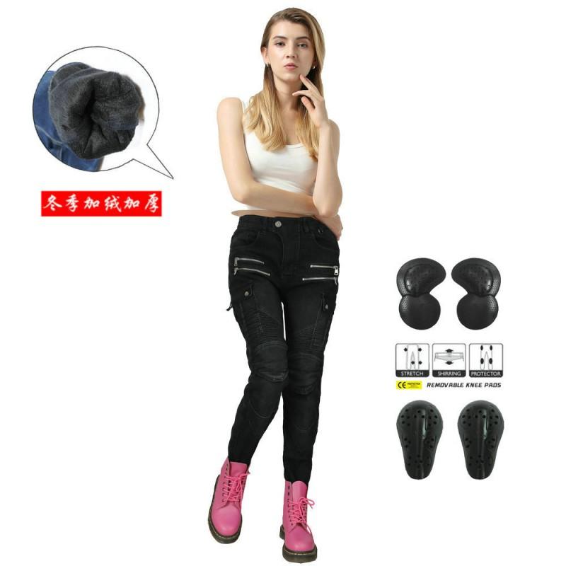 Womens Winter Motorcycle Riding Pants With Reinforced Protection Padding Warm Fleece-Lined Biker Jeans Cold Weather