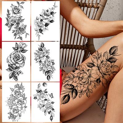 Rose Peony Temporary Tattoos For Women Girls Black Flower Tattoo Sticker Blossom Floral Fake Disposable Beauty Large Tatoo Thigh