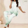 Women Plus Size Two Piece Set Round Neck Short Sleeve Floral Printed Longline Top Fitted Pants Light Green