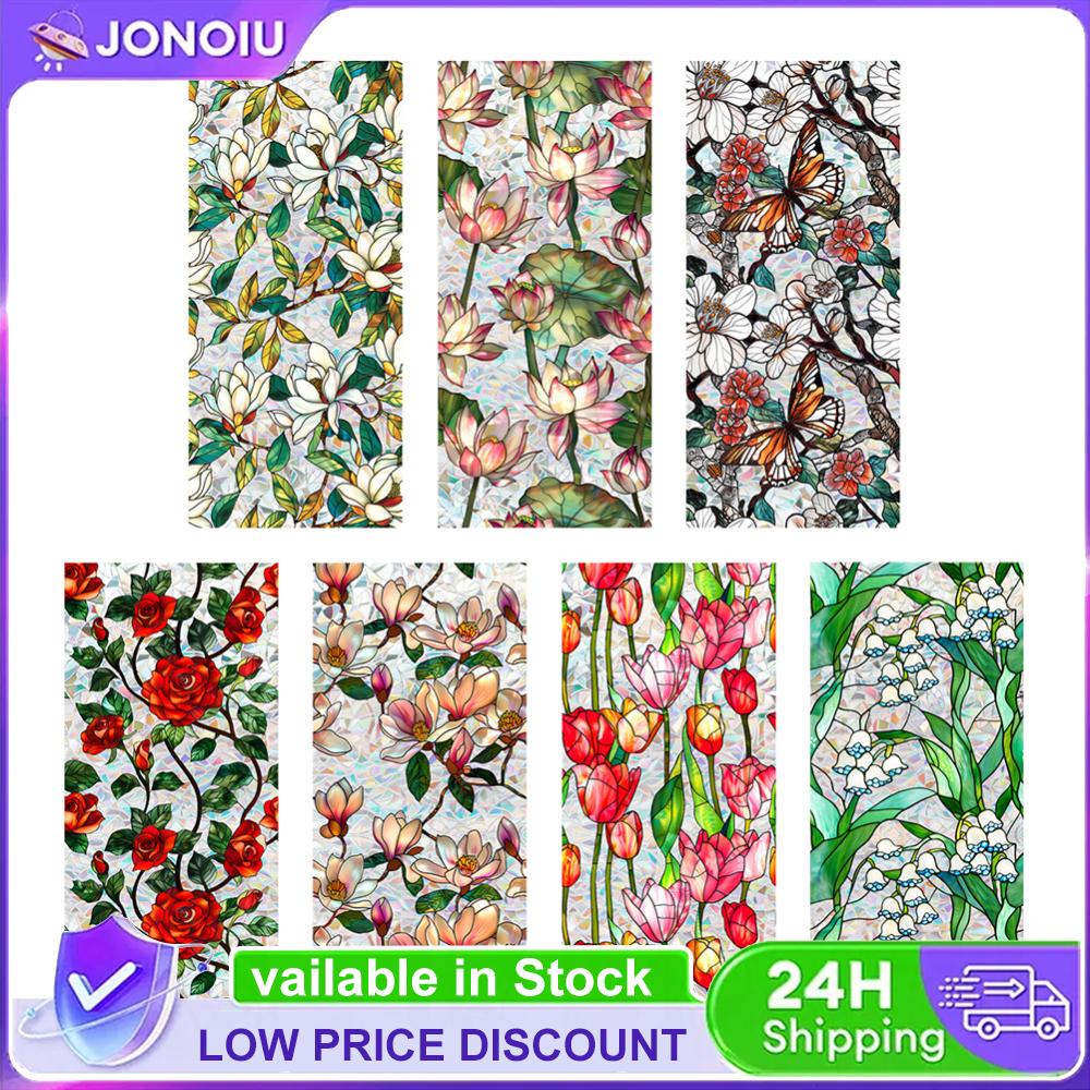 Floral Stained Glass Window Film Removable Static Cling Stickers Stained Glass Decals Decorative Window Decals for Home