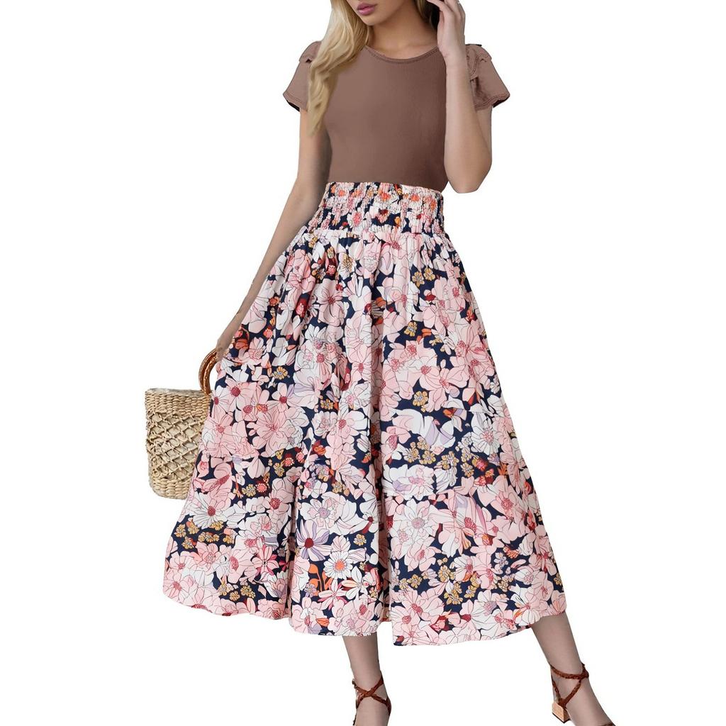 Women's Floral Print High Waist Fashionable And Elegant Dress