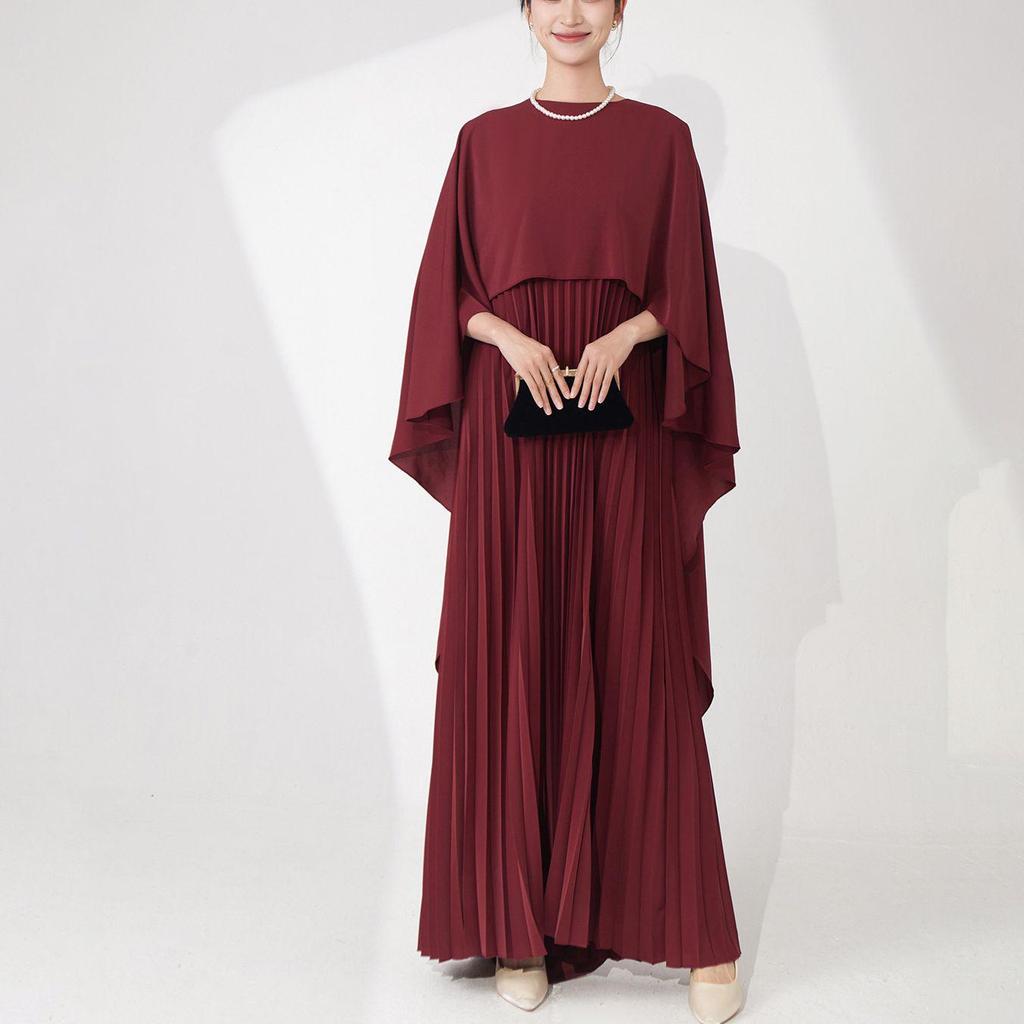 Plus Size Shawl Evening Dress: Pleated Skirt & Long Muslim Robe Design