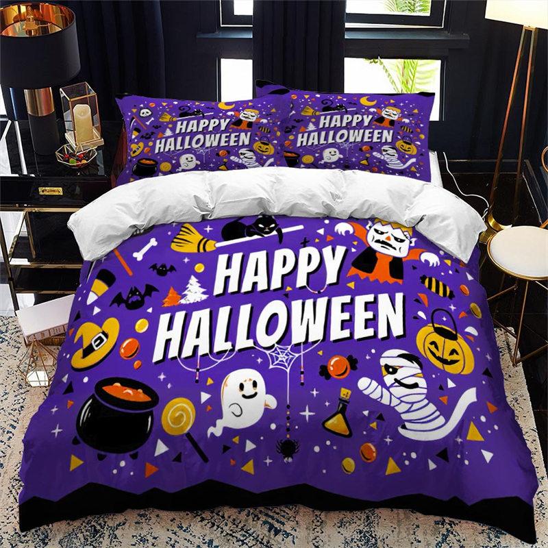 Halloween Duvet Cover King Microfiber Medieval Haunted Castle With Garden Pumpkins Dark Clouds Scary Nights Print Bedding Set