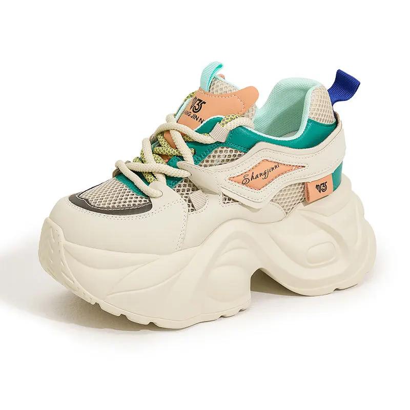Fashion 7cm Air Mesh Synthetic Genuine Leather Chunky Sneaker Sandals Women Ladies Comfy Spring Autumn Boots Mixed Color Vulcanize Shoes