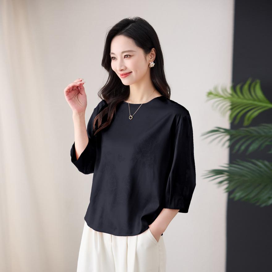 

Шелковая рубашка женская летняя новая круглый вырез нишевая мода свободная нерегулярная жаккардовая тутовая шелковая блузка XXXL