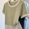 Short Sleeved T-shirt for Women Summer French Style Design Contrasting Color Ice Silk Knit Versatile Top