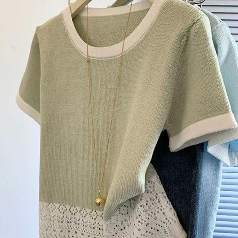 Short Sleeved T-shirt for Women Summer French Style Design Contrasting Color Ice Silk Knit Versatile Top