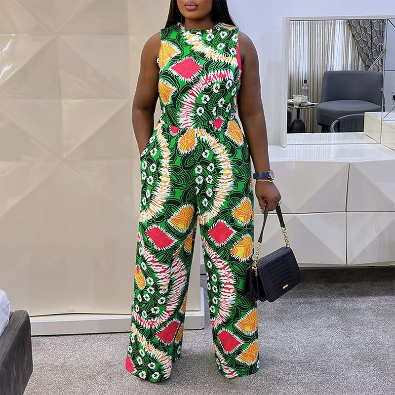 Plus Size Women Short Sleeve Print Casual Loose Long Jumpsuits Rompers