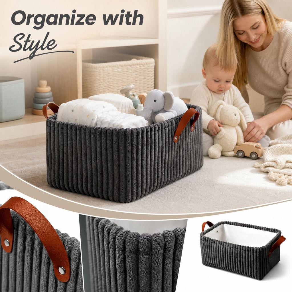 Großer Corduroy Baby-Aufbewahrungskorb mit Griffen für Kinderzimmer, Spielzeug, Kleidung und Organisation