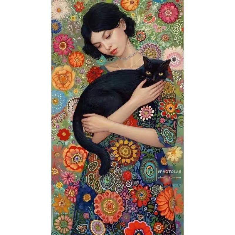 

Creativity Beauty Women and Black Cat Canvas Paintings Wall Art Posters and Prints for Living Room Abstract Home Decor Mural 21cm×30cm NoFrame