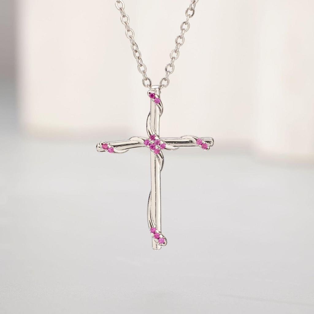 Red Corundum Cross Pendant Necklace in White Gold Plating - Christmas Gift