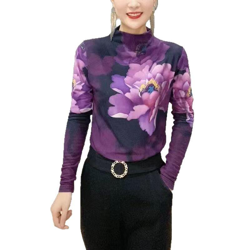 Women's Purple Peony Fleece-Lined Mesh Slimming Long Sleeve Top for Autumn and Winter
