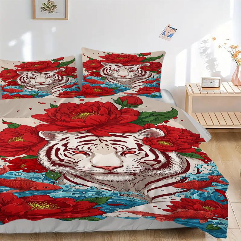 

3PCs White Tiger Design Cover Set, Breathable Fabric, Machine Washable (1 Duvet Cover + 2 Pillowcases) (Without Quilt) yy250911057 135x200cm