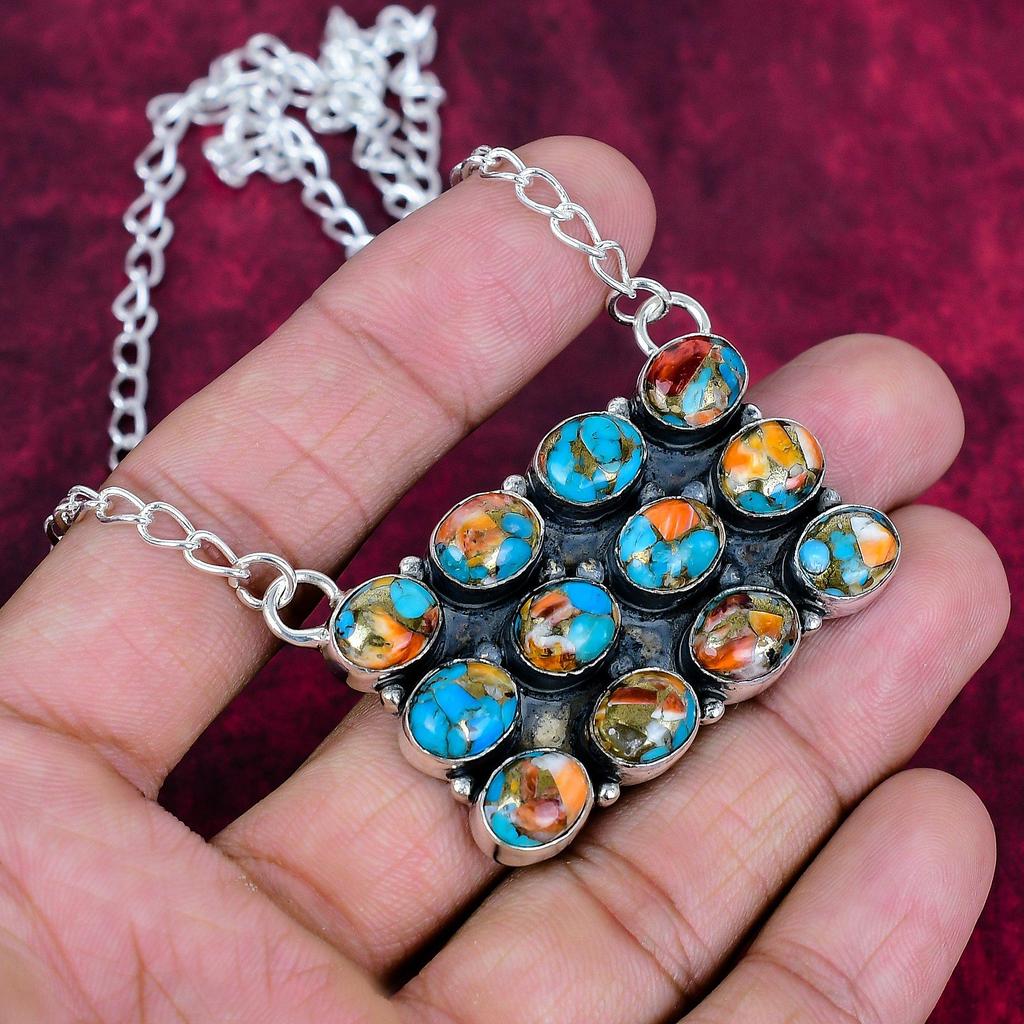 Orange Copper Turquoise Handmade Latest Design Jewelry Necklace, 925 Solid Sterling Silver Gemstone Necklace, Gift For Mother