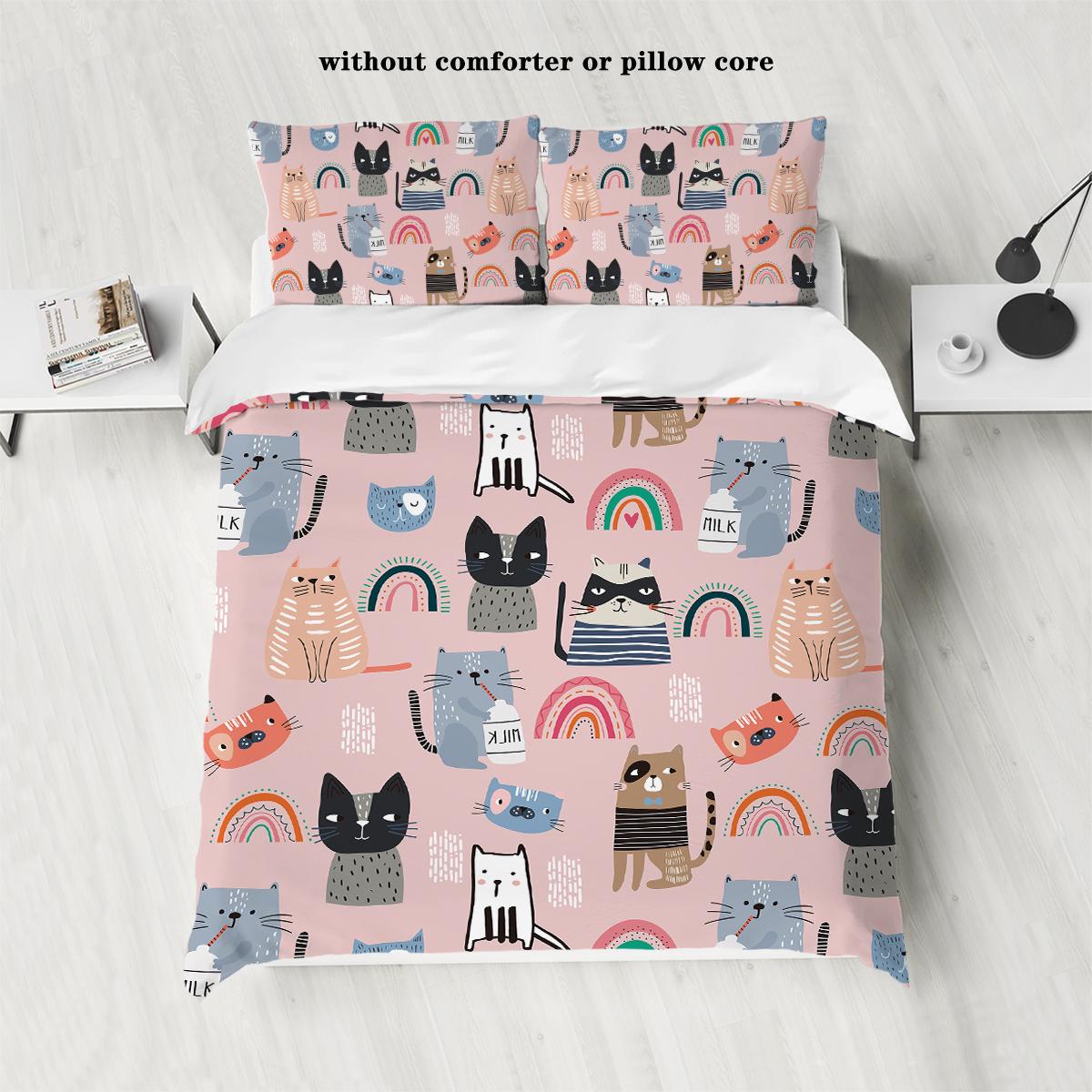 

3-piece down duvet cover with cartoon cat pattern print (1 down duvet cover+2 pillowcases, no core) Soft bedding set 135x200cm-EU-Single