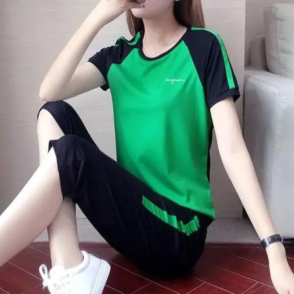 Women's Summer Casual Sports Suit Slim Round Neck Short-sleeved Top + Seven Pants Two-piece Set