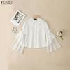 ZANZEA Women Casual Round Neck Loose Lace Splice Long Sleeve Blouse