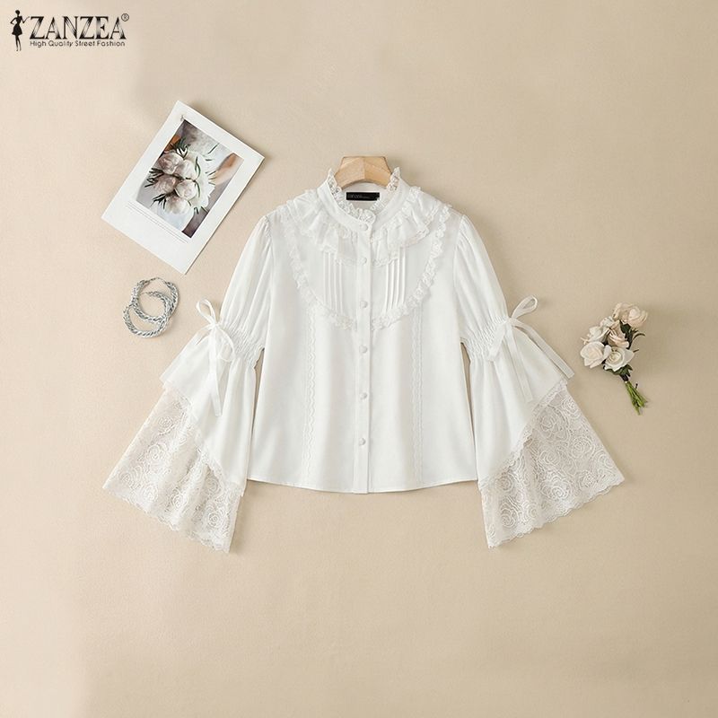 ZANZEA Women Casual Round Neck Loose Lace Splice Long Sleeve Blouse