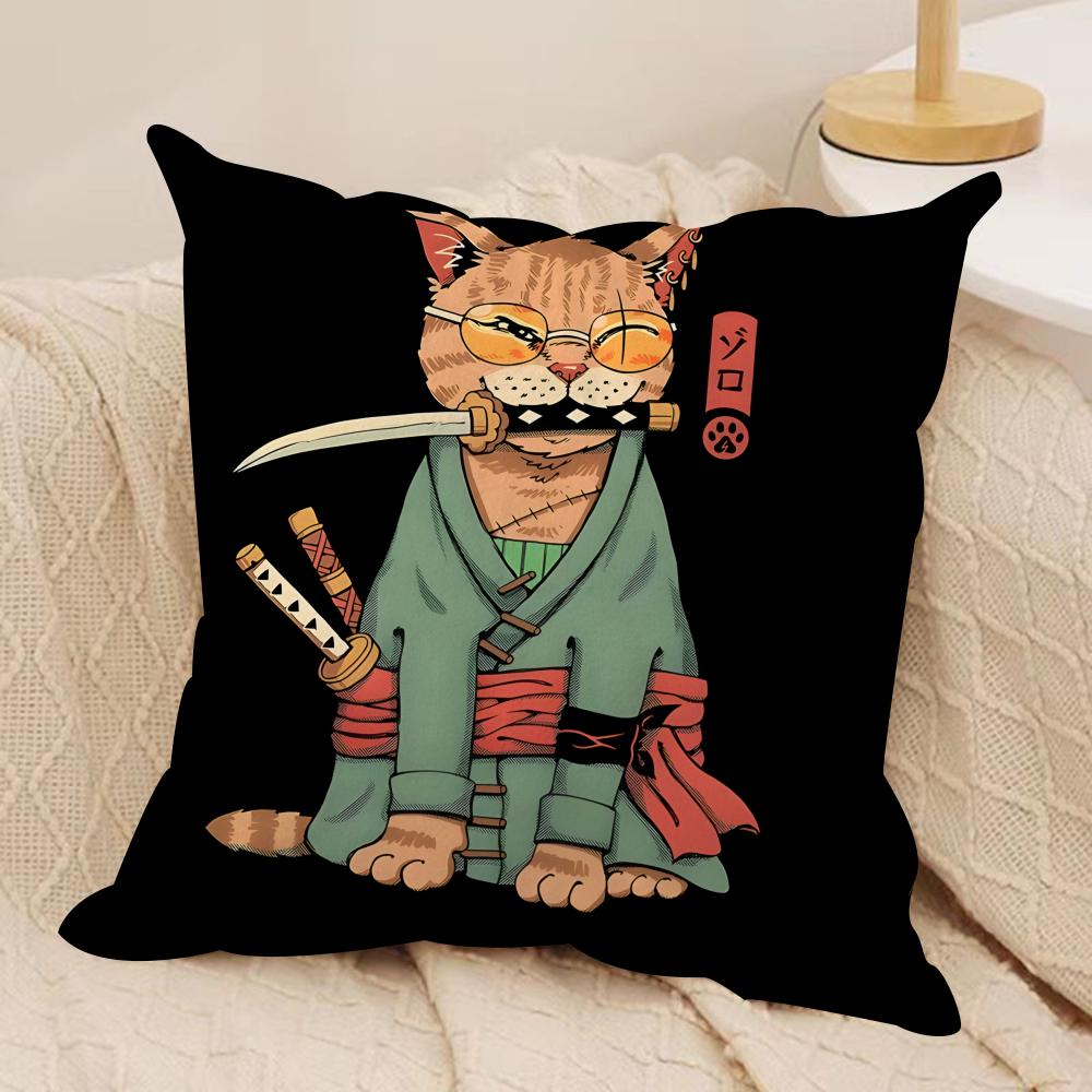 Japanese Style Samurai Cat Cushion Cover Silky Short Plush Invisible Zipper Dustproof Sofa Pillow Case for Home Decor