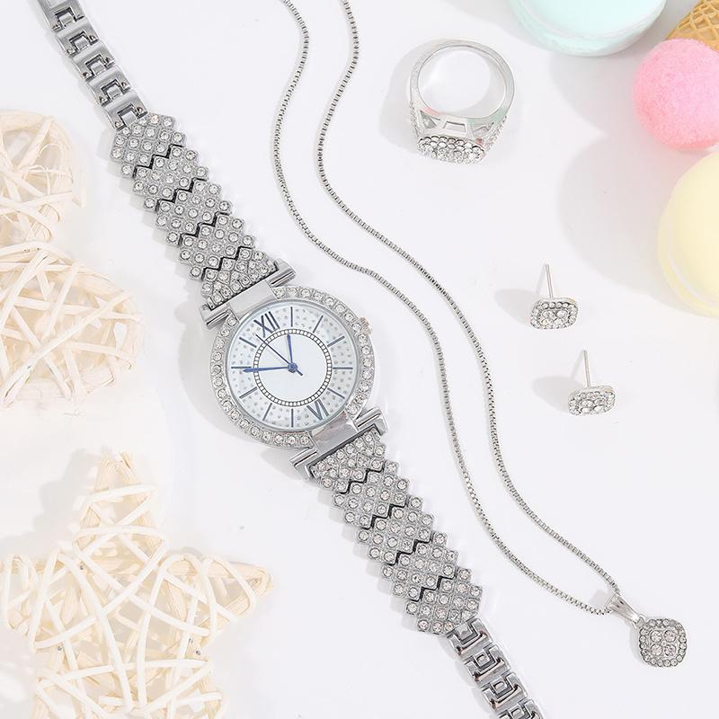 5 STÜCKE Personalisierte Luxus Diamanten Damen Zeiger Digitale Quarzuhr Herzform Weiblichen Anhänger Halskette Armband Ohrringe Schmuck-Set