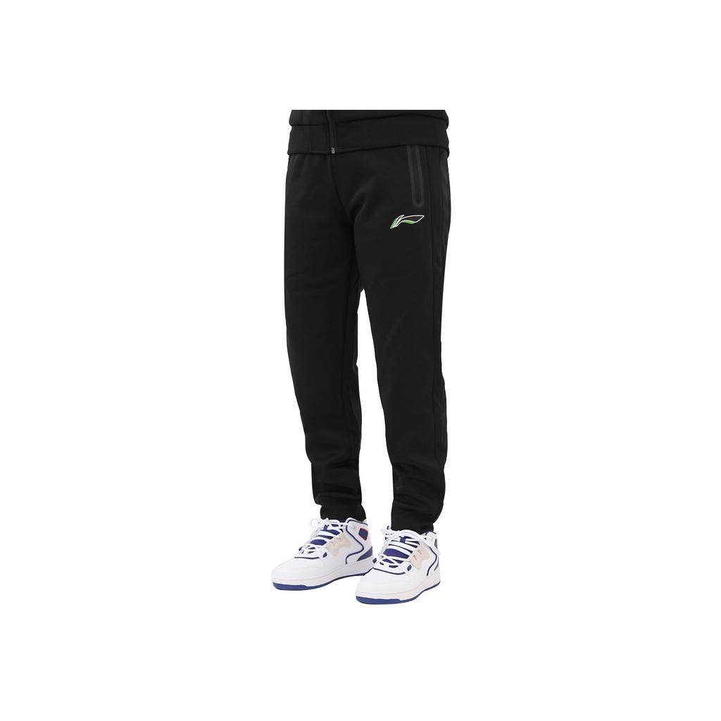 Li Ning Badminton Series Solid Color Logo Print Cuffed Fleece Casual Pants Men Bottoms Black AKLS985-2