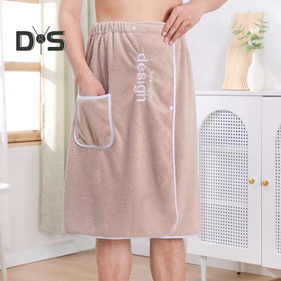 Men Bath Towel with Pocket Coral Fleece Quick Absorbent Adjustable Waist Button Closure Towel Wrap Skirt Sauna Towels Men Wrap Robe for Gym Spa Beach