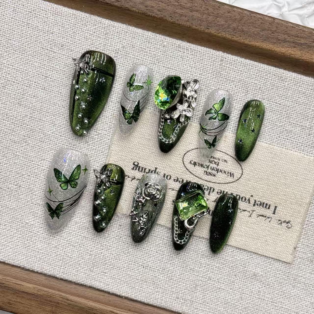 Green Butterfly Cat Eye Gradient Diamond Almond Handmade Wearable Nails