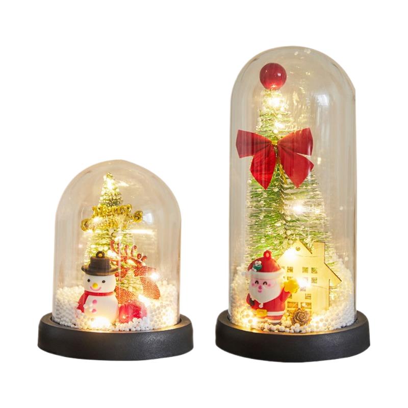 Christmas Decoration Small Imitation Glass Cover Mini with Light Emitting Snow Falling Small Christmas Tree Desktop Ornament