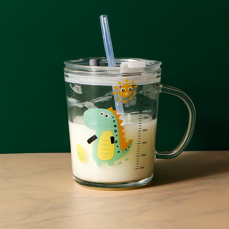 High Quality Kids Straw Cup with Lid and Handle Cute Glass Tumbler with Scale for Water Tea Milk Coffee Elephant Cartoon Pattern