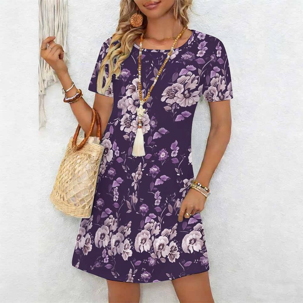 Women's Fashion Graceful Beautiful  Flowers and Lines Print Summer Spring Short Sleeve O-Neck Casual Dresses