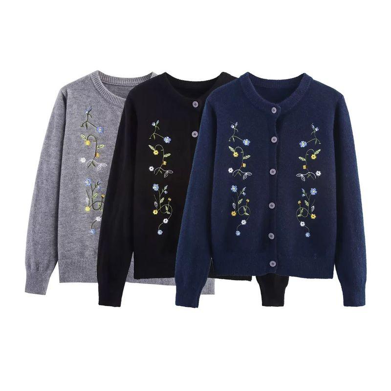 Zbzr Autumn New Women Clothes Western Style Fashion Temperament All-Match Round Neck Long Sleeve Breasted Embroidery Knit Cardigan
