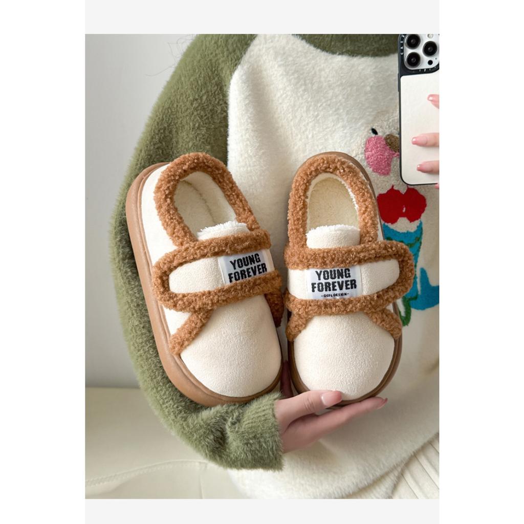Cotton Slippers for Women To Wear Outdoors In Winter, Indoor Home with Thick Soles and Plush Insulation Bag and Velcro Cotton Shoes
