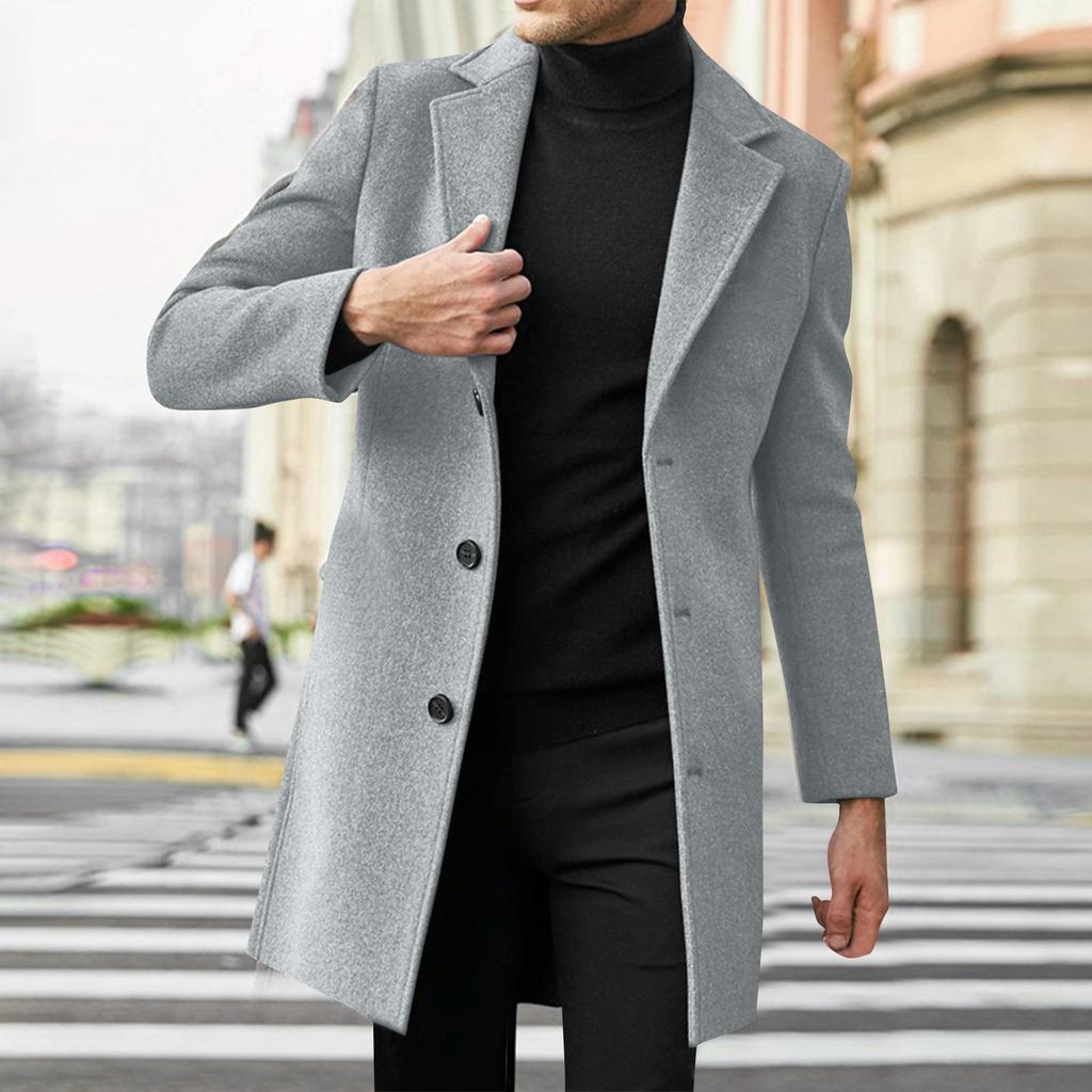 Men's Mid Length Trench Coat Trendy Business Single Breasted Wool Coat