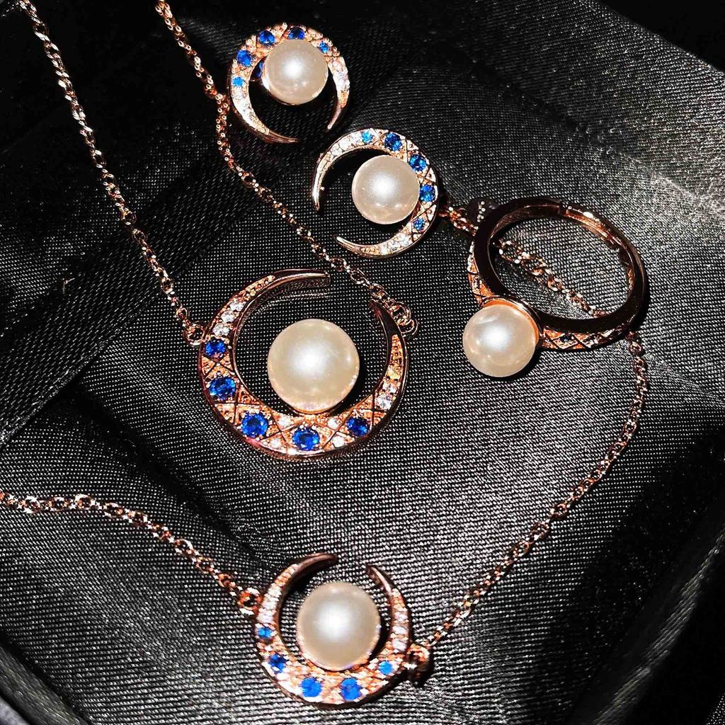 Niche Design Style Necklace Creative Moon Pearl Pendant, Star And Moon Earrings Pearl Ring Bracelet Set For Women