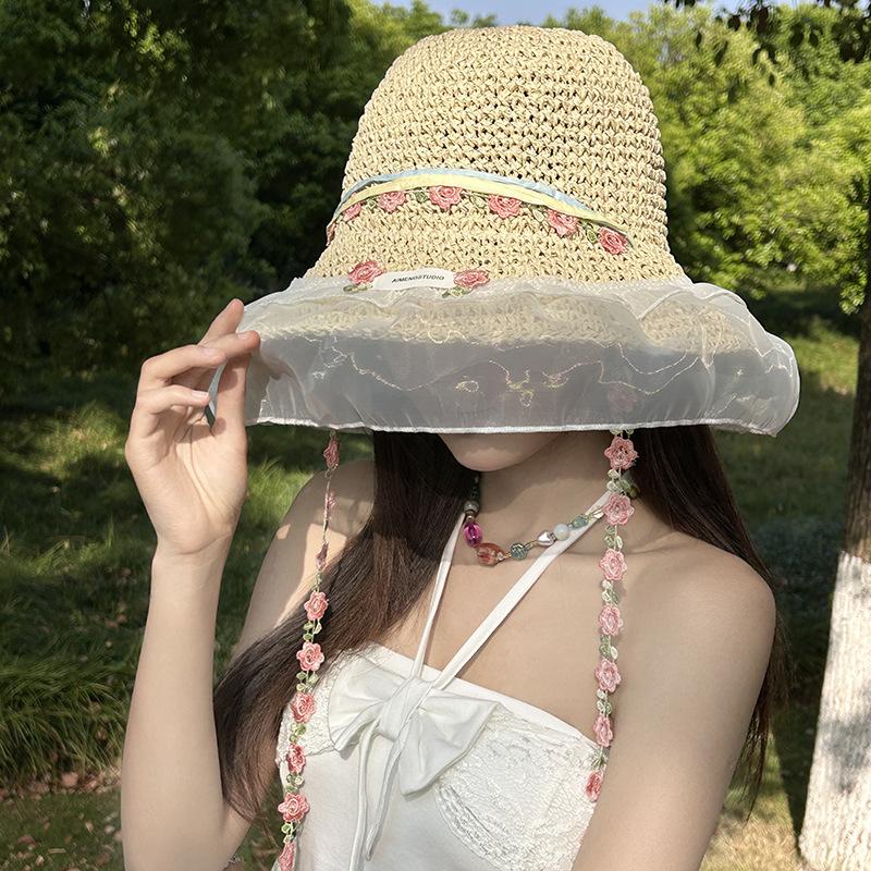 New Summer French Flower Lace Hollow Straw Hat Women's Beach Sun Protection Hat Knitted Sun Hat