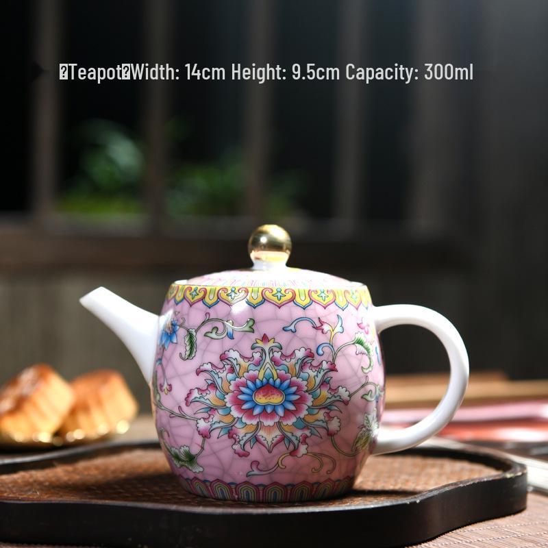 Enamel Color Ceramic Tea Set with Hand-Painted Floral Design, White Porcelain Kung Fu Brewer with Handle