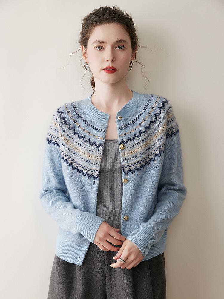 Women's Retro Fair Isle Cashmere Cardigan - Soft Long Sleeve Wool Sweater with Round Neck
