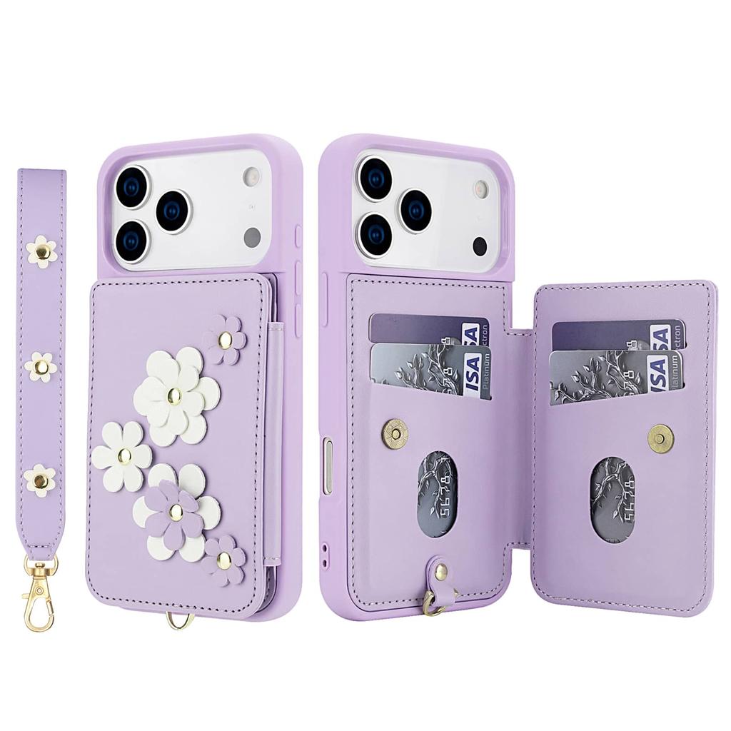 For iPhone 17 Pro Max iPhone Air Case, Wallet with Card Holder, Cute Flower Design Crossbody Purse,Magnetic Kickstand Shockproof