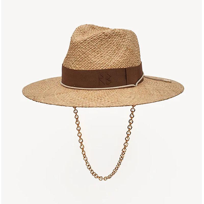 Chain Strap Straw Fedora Hat Embellished Beach Hats with Chain For Women Straw Woven Sun Hats Summer Holidaty Panama Hat