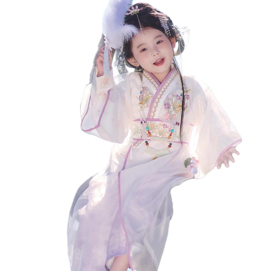 Zestaw Hanfu dla dziewczynek: Szata z Okresu Walczących Królestw z Haftem, Styl Chiński, Wiosna/Jesień, Inspirowana Bajkami dla Dzieci