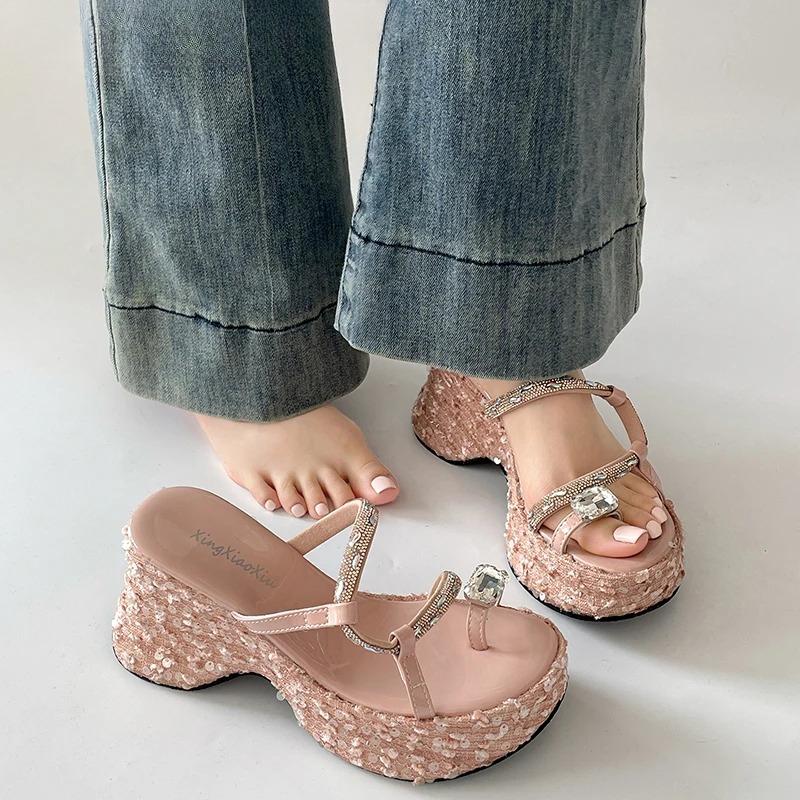 Summer Platform Thick Bottom Women Slippers Elegant Crystal Narrow Band Shoes Ladies Concise Wedges Heel Slides