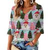 Women's V-neck Christmas print three-quarter sleeve lightweight top