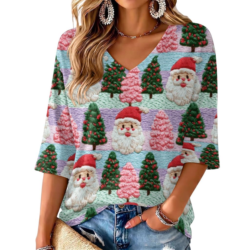 Women's V-neck Christmas print three-quarter sleeve lightweight top
