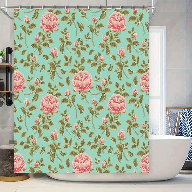 Vintage Roses Shower Curtain Green Background with Pink Floral Print Waterproof Fabric for Bathroom Decor (72 x 78 inches) 90x180cm