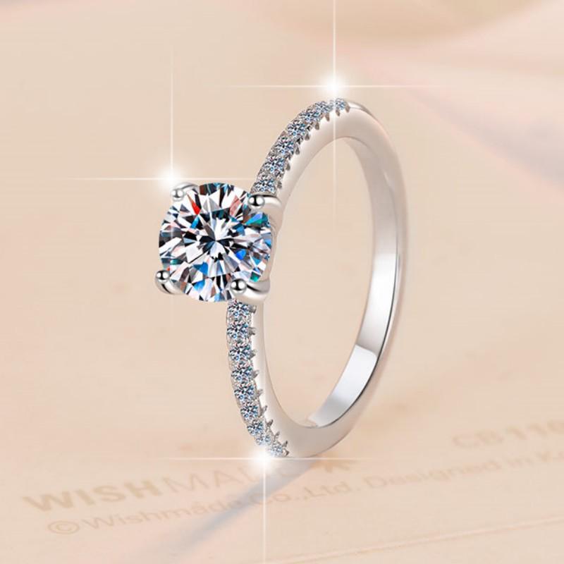 Women's Four-Prong Moissanite Ring In S925 Sterling Silver with Micro-Pave.