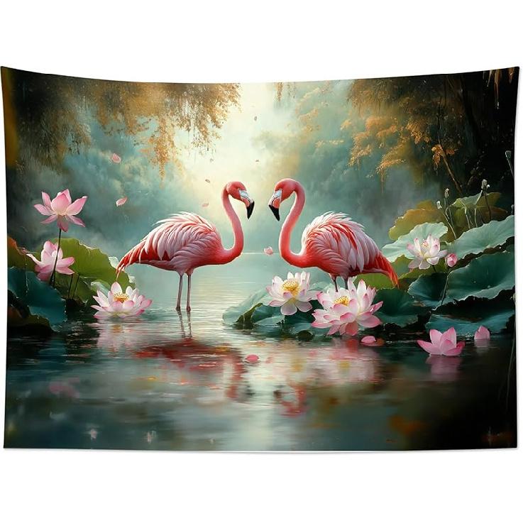 HVEST Pink Flamingo Tapestry Tropical Bird and Pink Floral In Rainforest Tapestry Wall Hanging Forest Nature Landscape Wall Art for Bedroom Living